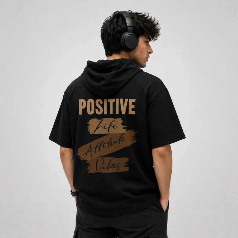تی شرت مردانه کلاهدار پنبه ای طرح حروف مدل positive
