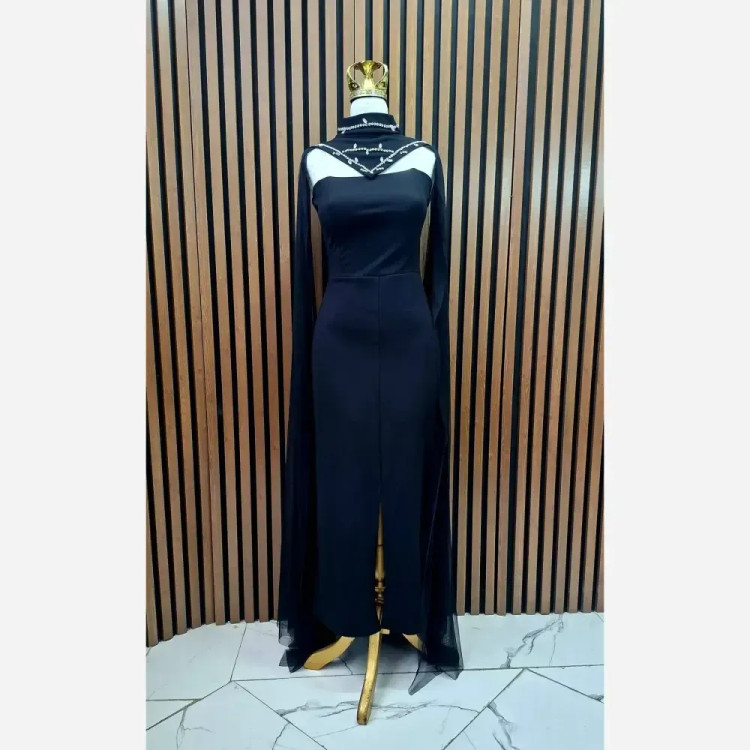 پیراهن مجلسی زنانه جنس دالقیچ و تور دو تیکه مشکی و سرمه ای
