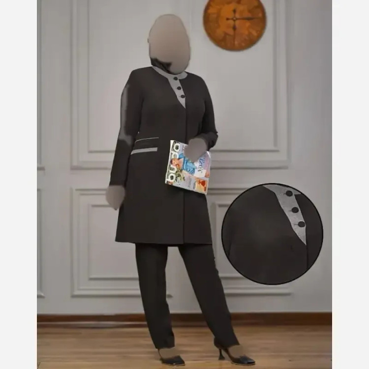 ست مانتو و شلوار اداری مریلا جنس مکانیک پرشین پرومکس رنگ مشکی و سورمهای فری سایز 38 تا 46