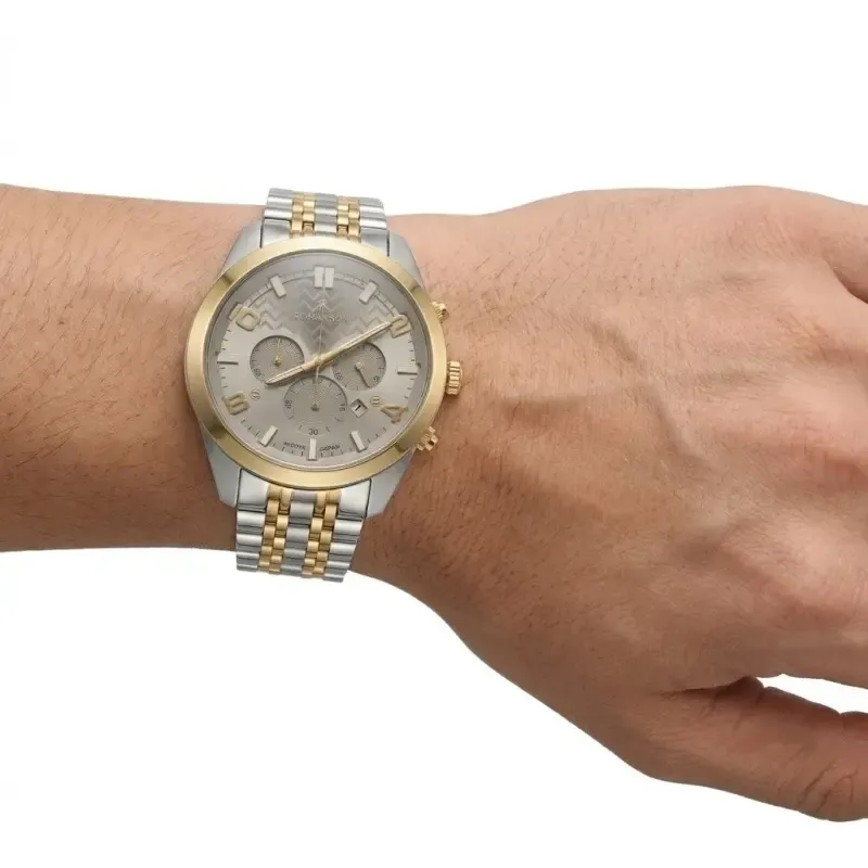 ساعت مچی مردانه رومانسون استیل طلایی صفحه طوسی موتور ژاپن کرنوگراف تقویمدار