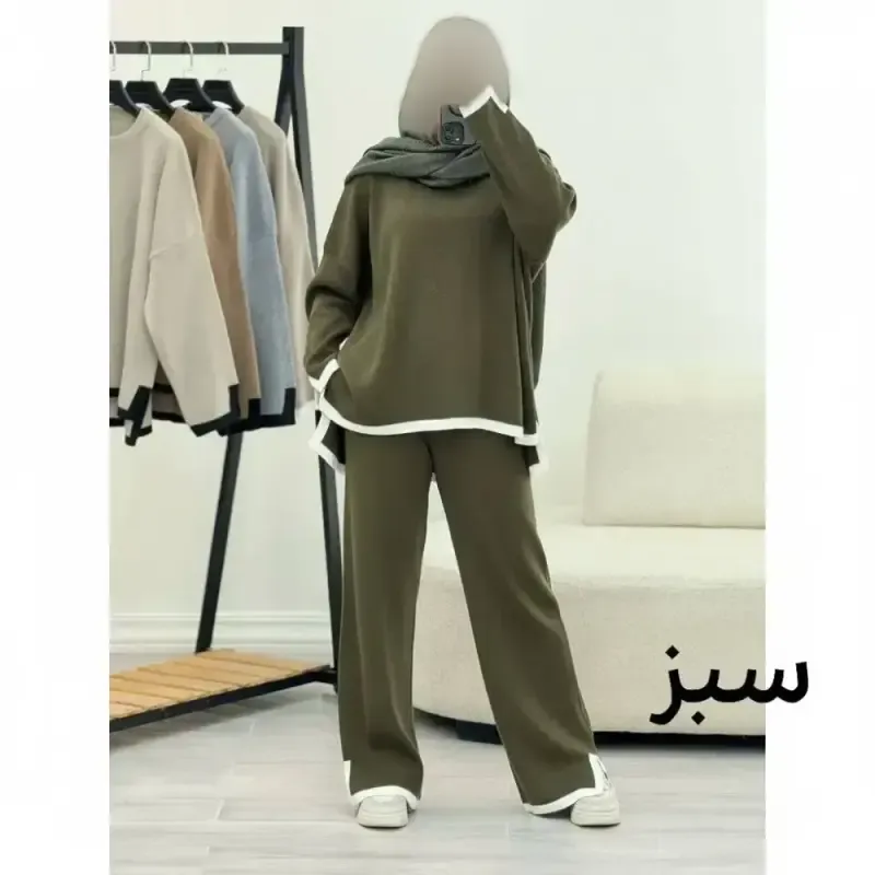 ست بافت زنانه رویا نخ اکریلیک فری سایز رنگ زیتونی کرم نسکافه ای
