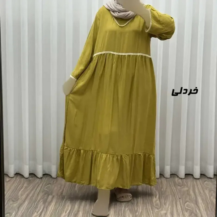 پیراهن ساحلی زنانه نخی فری سایز مدل گندمی کمربنددار چهارفصل